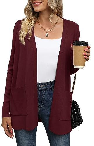 Yommay Cardigan da donna sciolto casual leggero da donna a maniche lunghe con scollo a V maglioni lavorati a maglia con tasche, Rosso vinaccia, 3XL