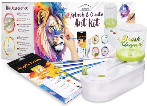 Sunpple Splash & Create Art Kit. Set de Pintura 3 en 1: Limpiador Pinceles Niños. Enjuagador Pinceles. Pinturas Acrílicas. Regalo Ideal para Jovenes Artistas