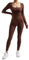DOULAFASS Nahtloser Gerippter Langarm Jumpsuit Damen Eng Square Neck Bauch Weg Full Body Einteiler Yoga Sport Body Romper Braun M