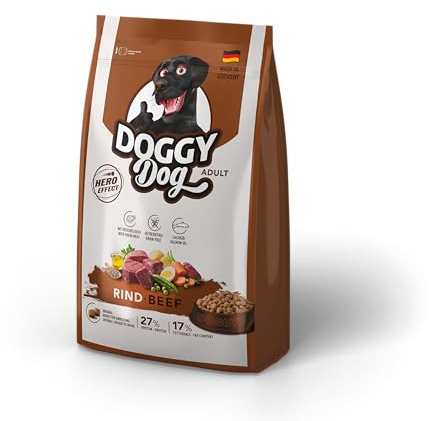 DOGGY Dog Rind Adult, 1 kg, Trockenfutter mit hohem Fleischanteil für ausgewachsene Hunde, getreidefreies Hundefutter mit Lachsöl, Made in Germany
