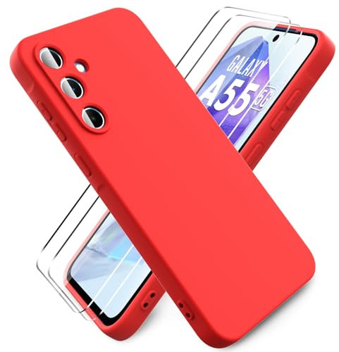 Ikziwreo - Hülle für Samsung Galaxy A55 5G Handyhülle, mit 2 Stück Displayschutzfolien, Reiner Farbe Ultradünne Weich Silikonhülle, Stoßfeste Anti-Scratch Gummi Schutzhülle - Rot