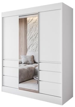 Easy4You L1 180 cm Weiß Schiebetüren Kleiderschrank 180x216x65 cm mit Spiegel - Schlafzimmermöbel, Aufbewahrung - Mehrzweckschrank