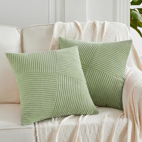 FDTERN 2er Set Salbeigrün Boho Dekorativ Kissenbezug 50x50 mit Diagonales Gestreiftes Muster Weich Kordsamt Kissenhülle Zierkissenbezüge Sofakissen Dekokissen Deko für Sofa Schlafzimmer Wohnzimmer