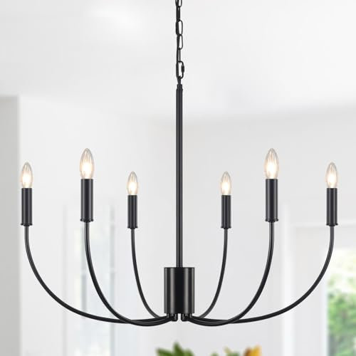 ASHUAQI Kronleuchter Schwarz 6 Flammig Kronleuchter Vintage, Deckenlampe Wohnzimmer Hängend mit E14 Fassung, Klassisch Pendelleuchte Esstisch Lampe für Wohnzimmer Esszimmer Küche Schlafzimmer