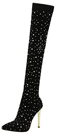 Dinglong Scarpe Donna estive con Tacco Stivali a Rete Sottile Elastica per Il Commercio Estero Stivali al Ginocchio Alti con Strass da Discoteca Sexy Stivali da Donna con Tacco Scarpe Donna
