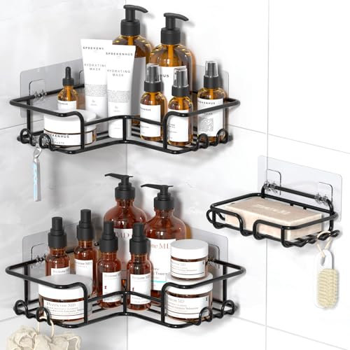 YASONIC Mensola Bagno Mensola Doccia Angolare, 3 Pezzi Mensole Bagno senza Foratura, Angoliera Doccia Impermeabile e Antiruggine, Mensola Doccia Adesiva Portaoggetti Doccia con 12 gancio - Nero