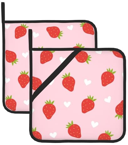 Topflappen mit süßem Erdbeer-Blumen-Motiv, 2er-Set, hitzebeständig, für die Küche, Baumwollfutter, Ofen-Topflappen, Topfuntersetzer für die Küchentheke, Kochen, Backen, Mikrowelle, Ofen, Beilagen, Gri