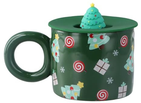 Volumoon Taza de Café Navideña Linda de 400 ml, Cerámica de Papá Noel, con Tapa (Árbol de Navidad)
