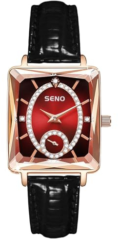 rorios Damen Rechteck Armbanduhren Mode Diamant Uhr Frauen Elegant Uhre Analog Quarz Damenuhren Rotem Zifferblatt Leder Armband Uhr