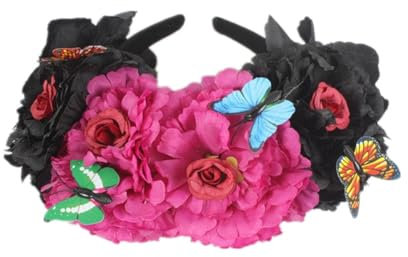 Hrlace Diadema de flores para Halloween, corona de flores mexicana, rosa para el día de los muertos, tocado de Halloween, fiesta, disfraz, cinta para el pelo, festival, cosplay, color lila y negro, 1