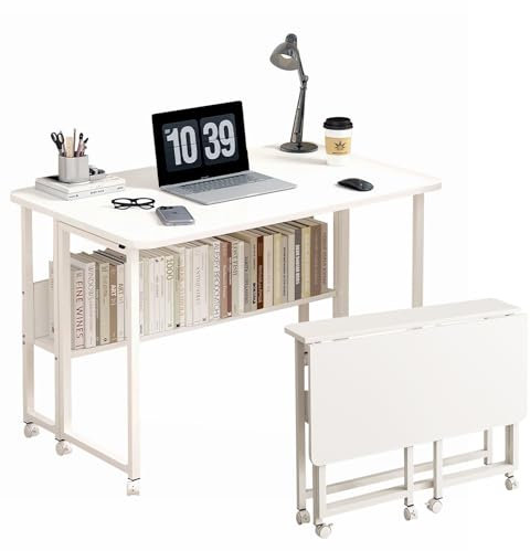 Taotigzu Mobiler Klappschreibtisch 80X58CM, Mini Computertisch mit Rollen, Platzsparender Laptoptisch für kleine Räume, Faltbar Kleiner Computertisch mit Ablage(Weiß, 80x58cm)