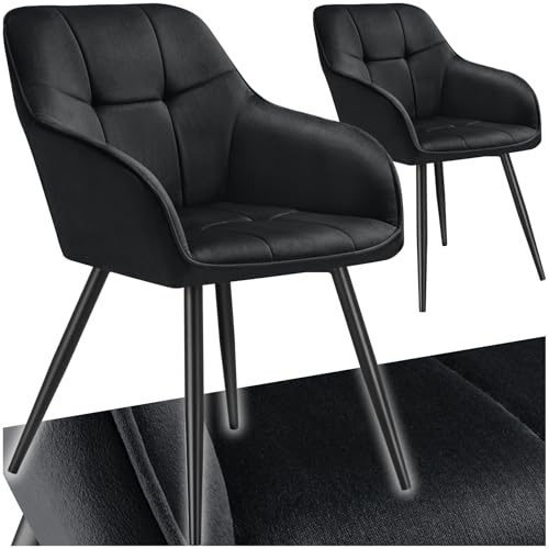 tectake® Samt Stuhl, Esszimmerstuhl mit Stepp Samtstoff, Küchenstühle modern, gemütlicher Sessel Wohnzimmer, Armlehnstuhl Esszimmer, Dining Lounge, Schminktisch Stuhl - schwarz/schwarz, 2er Set