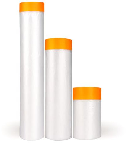 LLPT Cinta y Cortina Película de Enmascarar Pregrabada | 3 paquetes | Paño de plástico para pintores para protección contra rociado de pintura (MFT551427OR) | Naranja 55 cm + 140 cm + 270 cm