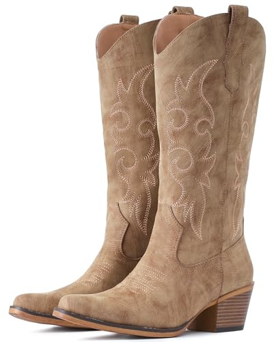 IUV Cowboy Boots For Women Western Cowgirl Boots Mid Calf with Chunky Heel Pointy Toe Boots, Camel, 6 UK