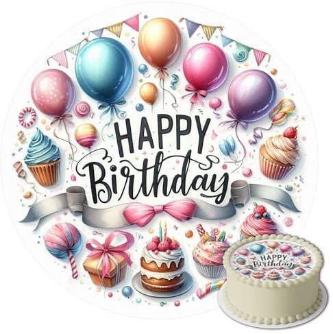 J&M DECO Tortenaufleger Happy Birthday – essbare Kuchendeko Ø 20 cm – bunte Tortendekoration für Geburtstagstorte – Zuckerpapier Tortenbild – gebrauchsfertig – Made in EU