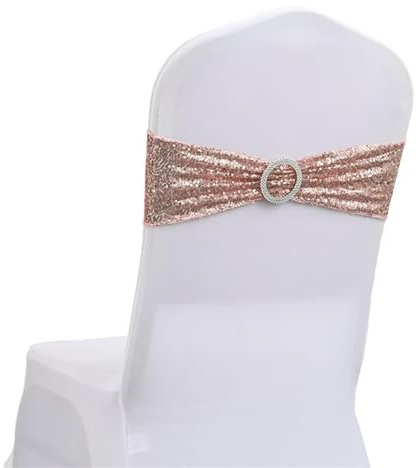 Ceintures de chaise à paillettes, 10/50 pièces, for fête, dîner, Banquet, couvertures de chaise, décoration, extensible, avec nœud, dos de chaise, bandes de fleurs Rubans de Chaise(Rose Gold,50pcs)