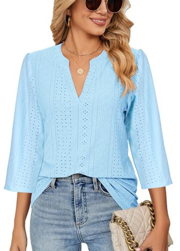Mayoii 3/4 Sleeve Tops for Women UK Ladies Blouses V Neck Tunic Tops Summer Shirts Casual (UK, Alpha, XXL, Regular, Regular, Sky Blue)
