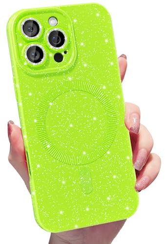 MINSCOSE for iPhone 12 Pro Max Case Magnetic Compatible with Magsafe,Cute Neon Glitter Super Vibrant Shiny Bling Sparkly Glossy Girly Case with Thin Slim Camera Protection for Women Girl-Neon Green