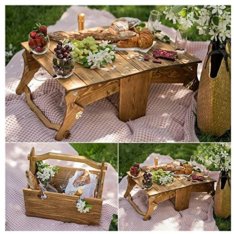 Camping Tabelle 2-in-1 Holz im Freien im Freien Klapptisch Strand Camping Rucksack tragbarer Mini-Gartenmöbel Picknick Schischung Aufbewahrungskorb 2022 Faltbar und leichtes Campingtisch, Braun,