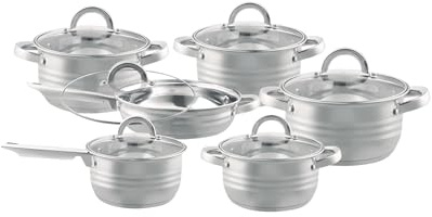 BAVARY Lot Poele Et Casserole Inox 18/10, 12 Pcs - Lot Casserole Et Poele Induction - Faitout Induction - Batterie De Cuisine Induction - Casserole Induction & Couvercles Verre - Ustensiles De Cuisine