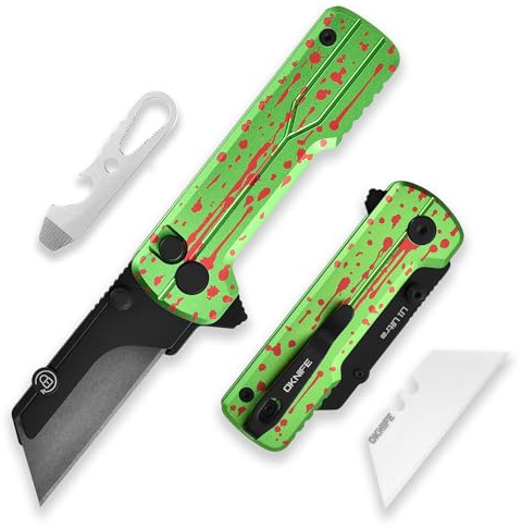 OKNIFE U1 Ultra EDC Taschenmesser Klappmesser Boxcutter, O‑Aluminium‑Griff | Button‑Lock mit 3 Öffnungsarten, Hochwertige Keramikklinge,Taschenclip für leichtes EDC Klappmesser(Zombie‑Grün)