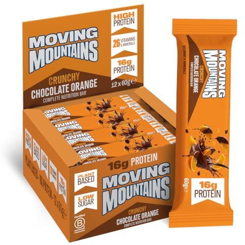 Moving Mountains Crunchy Chocolate Orange Vegan Protein Bars, 12 × 60 g | High-protein vegan complete nutrition bar with 16g plant protein, 26 vitamins & minerals, high fibre, low sugar