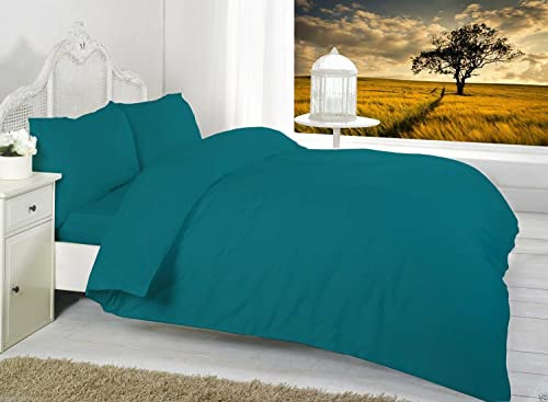 R&Z Plain Dyed Percale Polycotton Duvet Cover & 2 Pillow Cases Bed Set (Teal, Super King)