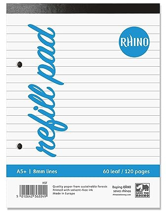 RHINO A5 Refill Pad, Writing Pad, 120 Page / 8mm Lined, 6 Pack, White Hole Punched Writing Paper, Office & School Stationery Supplies