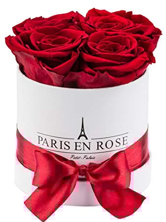 PARIS EN ROSE Rosenbox | mit 4 Bordeaux-roten Infinity Rosen Größe XL | konservierte ewige Rose | runde weiße Box mit Schleife | 3 Jahre haltbar