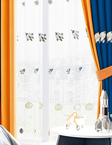 Lactraum Gardine Kinderzimmer Junge Bestickt Rakete Planet Milchstraße Voile mit Ösen 145 x 245 cm