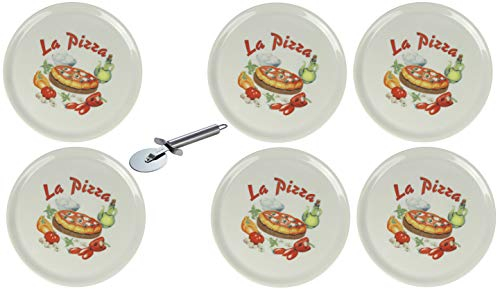 Saturnia XXL Porzellan Pizzateller Speiseteller mit verschiedenen Motiven inkl. Edelstahl Pizzaschneider 6 Stück, La Pizza Ø31cm