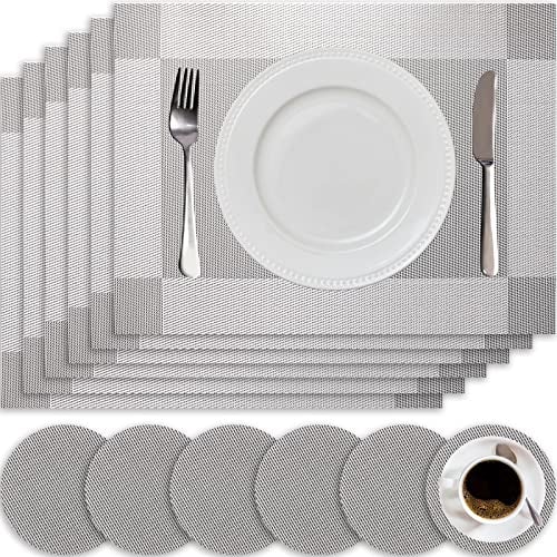 HEYOMART 6er Set Platzsets und Untersetzer, rutschfest Abwaschbar Tischsets, PVC Vinyl Hitzebeständig Platzdeckchen, Ideal für Küche, Party, Hochzeit usw, Silber