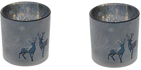 2er Set Windlicht Hirsch Motiv Weihnachten dunkelblau Teelicht Glas Kerze Deko