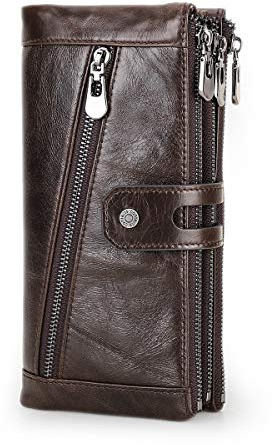 Contacts RFID Blocking Portafoglio lungo da uomo in vera pelle,con chiusura lampo multifunzion porta pochette Cellulare retro marrone scuro (Caffè1)