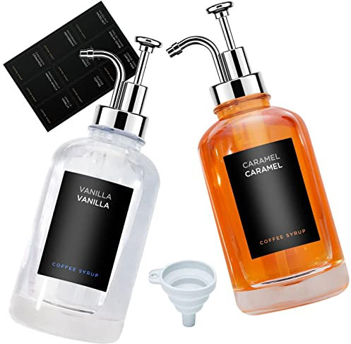 Coffee Syrup Dispenser, 500 ml Clear Coffee Syrup Pump, 2 Pack Dispenser Bottles, 2 Pump Funnels, 9 Waterproof Labels for Massage Lotion, , Ketchup