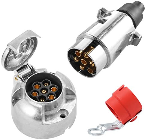 SPARKMOTO Prise Remorque 7 Broches Métal Et fiche Remorque 7 Broches Métal,12V Connecteur remorque 7 Broches Étanche pour Remorque Voiture, Porte-vélos,avec Support de fiche Remorque Rouge(SKM0701C)