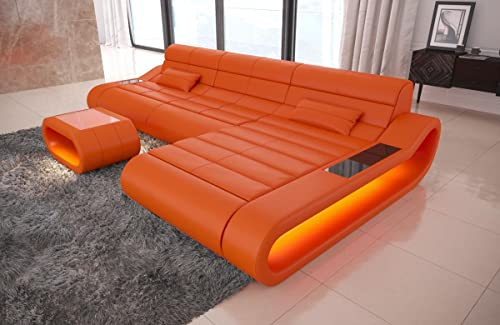 Ledersofa Concept L Form Sofa in Leder - mit LED Beleuchtung, ergonomische Rückenlehnen, Recamiere/Lederfarben wählbar/Ausrichtung Ottomane wählbar (Ottomane rechts, Orange)