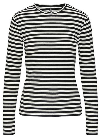 PIECES Pcruka LS Top Noos, Camiseta de Manga Larga para Mujer, Cloud Dancer/Stripes: Negro, XS