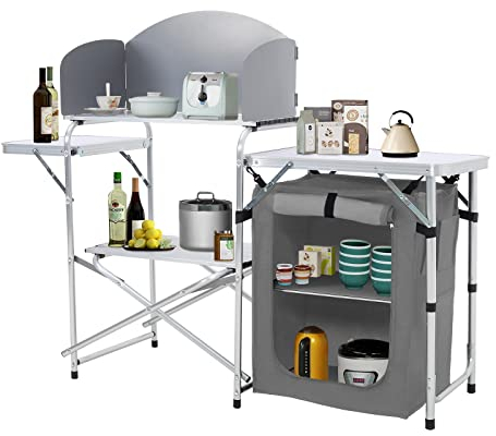 The Fellie Camping Kitchen Folding Camp Cupboards Outdoor Kitchen Tables and Storage Units for Picnic and BBQ (Grey3)