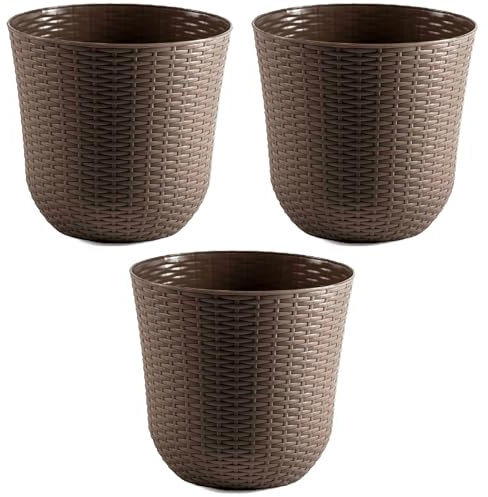 AC - Pack de 3 macetas Redonda - Fabricación en plástico – Diseño Rattan – Ideal como macetero, Tiesto, Recipiente para Plantas, Flores, balcón, terraza, jardín – Ø 33 cm – Color Topo