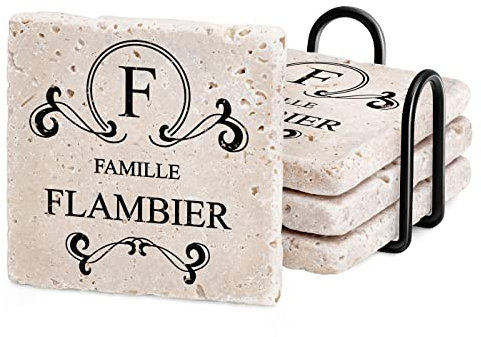 Maverton 4X sous-Verre en grès personnalisé - Set de Dessous de Verre décoratifs avec Support en métal - Motif pour Couple - pour Parents - Mariage - Noces - Anniversaire - Famille