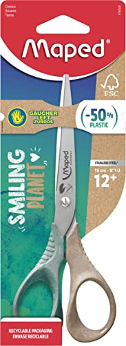 Maped - die nachhaltige Schere SMILING PLANET SHAPE 16 cm für Linkshänder - reflex 3D Griffe aus Holzfaserverbund-Kunststoff aus FSC zertifiziertem Material - ergonomische 3D Griffe