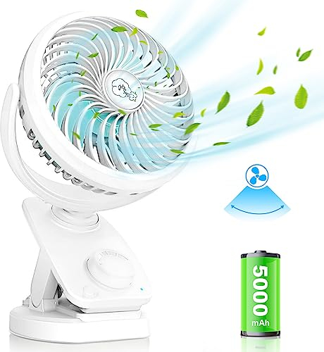 Oscilación Mini Ventilador Clip, 5000 mAh 2 en 1 Ventilador Pinza & Ventiladores de Sobremesa, Recargable USB Ventilador Portatil Potente de Velocidad Continua, Pequeño Ventilador Silencioso Camper