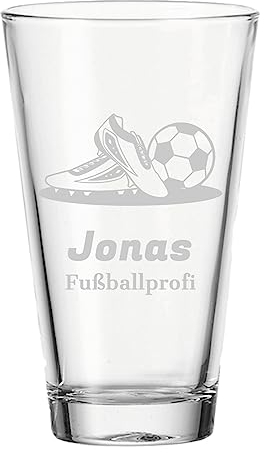 LUXENTU Kinderbecher Trinkglas mit Gravur, 300 ml, Wasserglas Kinderglas mit Fußball-Motiv & personalisierter Namensgravur für Kinder, Spülmaschinengeeignet, Fußball & Schuhe