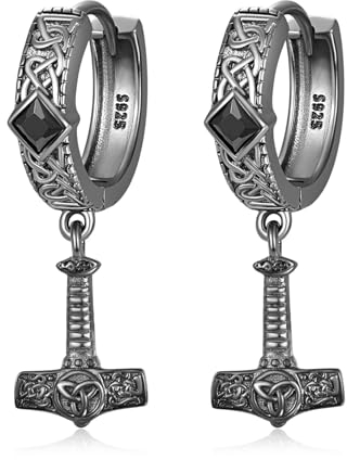 Black Viking Thor Hammer Earrings Sterling Silver Viking Mjolnir Norse Black Hoop Thor Earrings for Men Women