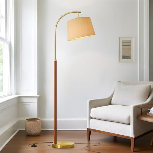 G-SAFAVA Real Wood Floor Lamps for Living Room Bedroom, 62.5 Mid Century Modern Lamp Gold Standing Tall Arc Lamps with Foot Switch, Floor Lamps for Nursery Office Decor Corner Reading Room Light