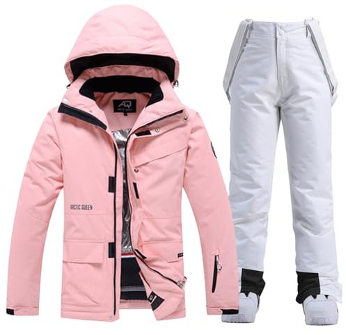 ALSOGO Damen Skijacke & Skihose Set Skianzug 2 teilig Schneeanzug Wasserdicht Warm Winterjacke mit Abnehmbare Kapuzen zum Skifahren Snowboarden Schneejacke Schneehose TY133PK Weiß L