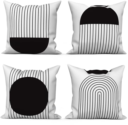 ASDCXZ Boho Kissenbezug 40x40 cm 4er Set, Modern Abstrakt Kunst Schwarz Sonne Weiß Sofa Dekokissen Kissenbezüge Kissenhülle Waschbar Polyester Flachs Textil Outdoor Kopfkissenbezug Kissen Bezug