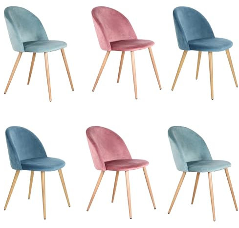 BenyLed Set di 6 Sedie Imbottite per Sala da Pranzo, con Schienale in Morbido Velluto e Gambe Regolabili in Metallo (Blu+verde+rosa)