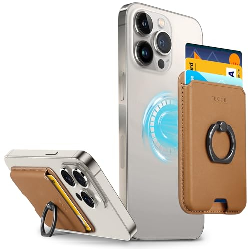 TUCCH Magnetischer Kartenhalter für iPhone 16/15/14/13/12 Serien, [360 Grad Verstellbarer Handyringhalterung] [RFID-Blocking], Dünnes PU Leder Wallet Geldbörse Kartenetui mit Magnet Ring, Braun